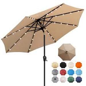 lot 200 image: 9 ft. Steel Market Solar Lighted 8-Rib Round Patio Umbrella in taupe by Sun-Ray