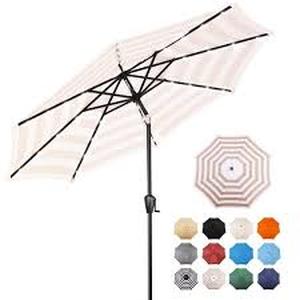 lot 202 image: 9 ft. Round 8-Rib Steel Market Patio Umbrella in Beige and White Stripes by Sun-Ray