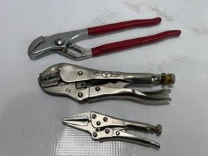 lot 134 image: Three Assorted Hand Tools Including Locking Pliers and Groove Joint Pliers