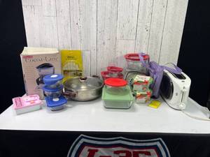 lot 601 image: Household Items Including Cookware, Storage, and Small Appliances