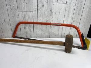 lot 138 image: Sandvik Bow Saw and Wooden-Handled Sledgehammer Set