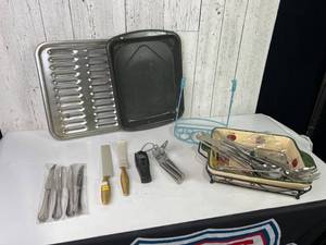 lot 555 image: Kitchenware Including Baking Trays, Cutlery, and Utensils