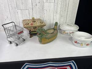 lot 557 image: Decorative Items Including Miniature Shopping Cart, Dragon Dish, and Covered Bowls