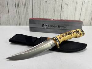 lot B129 image: Ridge Runner Fixed Blade Knife with Faux Antler Handle and Sheath