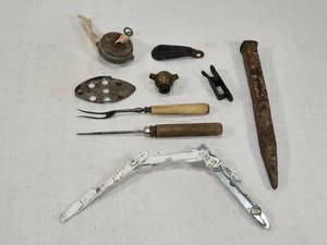 lot 43 image: Lot of Vintage Tools such as a wood-handled ice pick, a brass T-bar connector, Dietz Lantern Cone and a Sears & Roebuck shoehorn