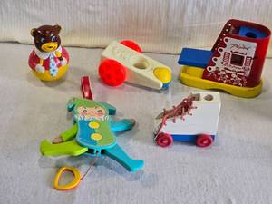lot 109 image: Vintage Fisher Price Toys - Wind Up Toy, Bear Figure, Shape Blocks in a Shoe and More