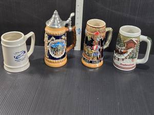 lot 176 image: Vintage Beer Steins and Mugs including Rowlands Calumet Brewing Co., German city scene, Budweiser and one with German Text