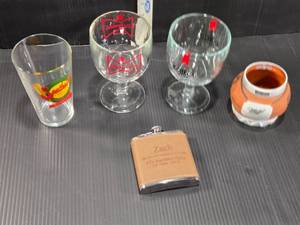 lot 195 image: Glassware, Flask - Southside Cellar glass, a Budweiser goblet, a Michelob goblet, and a basketball mug with a Miller Genuine Draft logo