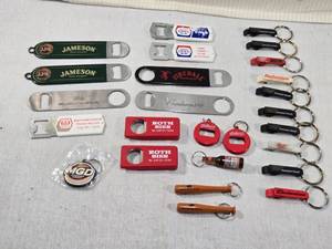 lot 203 image: Vintage and Branded Bottle Openers and Keychains including brands such as Jameson, Budweiser, Miller, MGD, and Molson