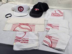 lot 230 image: Lot of Minnesota Twins 1987 Memorabilia  Hats, Homer Hankies, Wrist Band