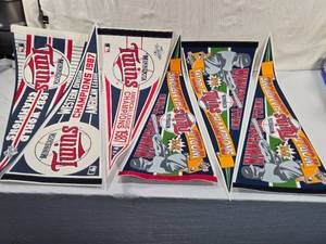 lot 243 image: Minnesota Twins 1987 Western Division Champions, 1987 American League Champions, 1987 World Champions, 1991 World Champions Pennants