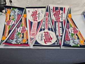 lot 244 image: Minnesota Twins 1987 Western Division Champions, 1987 American League Champions, 1987 World Champions, 1991 World Champions Pennants