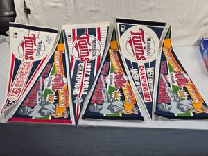 lot 245 image: Minnesota Twins 1987 Western Division Champions, 1987 American League Champions, 1987 World Champions, 1991 World Champions Pennants