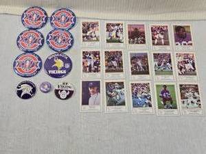 lot 249 image: Lot of Minnesota Vikings Memorabilia with Buttons and Near Complete Vikings 1983 Pillsbury Burger King Trading Cards (Missing 2, 14)