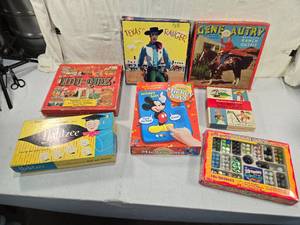 lot 277 image: Vintage Board Games - Texas Ranger and Gene Autry are Empty Boxes, Marble Mania, Edu-Quiz, Mickey Says, Yahtzee, Children of Many Lands