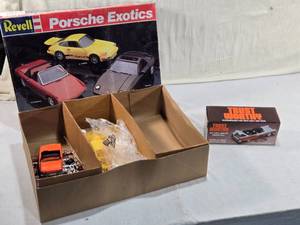 lot 280 image: Revell Porsche Exotics Model Kits (Some Assembled, Other Uncounted) and Trustworthy Ford Fairlane Bank