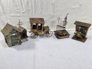 lot 294 image: Vintage Metal Copper Music Boxes car, a wire figure with a racket, a small house, and a desk with a clock - May Need WorkRepair