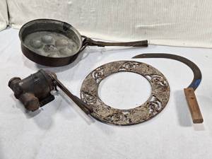 lot 313 image: Vintage Pan with Egg Cups and Folding Handle, Stove Pipe Sleeve, Hand Scythe