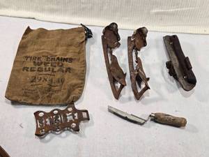 lot 314 image: Vintage Ice Skates and Tire Chains Bag and Others