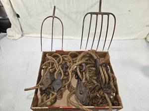 lot 315 image: Vintage Block and Tackle Pulleys with Rope, Pitch Forks
