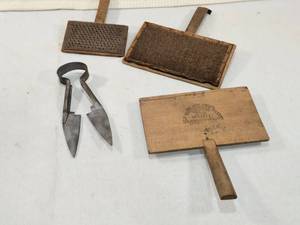 lot 317 image: Vintage Wool Carders and Metal Sheep Shears