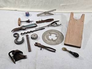 lot 318 image: Tools and Kitchen Implements Paynesville Co-op Creamery Jar Opener, Cork Screw, Hook, Chisel and Other Vintage Items