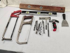 lot 322 image: Hack Saws, Levels, Drill Bits, Stubby Hammer and Other Tools