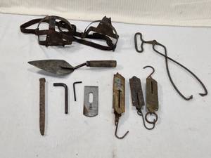 lot 324 image: Scales from Belmont HDWE Co and Chatillions Balance No. 2, Primitive Ice Tongs, Trowel and Other Tools