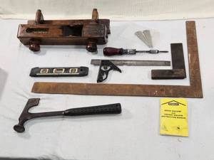 lot 326 image: Sciota Plow Plane, Hatchet Hammer, Squares and Other Tools
