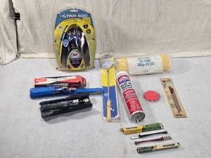 lot 331 image: Monster Cable Ultra 600, Pilot Star flashlight with screwdrivers, a set of Fletcher glass cutters, and other miscellaneous tools and accessories