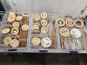 lot 336 image: Massive Lot of Laser Cut Wooden Ornaments Featuring Dog Breeds and Military Emblems