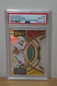 lot 38 image: 2023 Select DeVon Achane Die Cut RedYellow Prizm Rookie Football Card - PSA 10