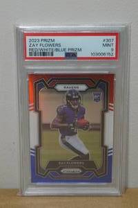 lot 42 image: 2023 Prizm Zay Flowers RedWhiteBlue Prizm Rookie Football Card - PSA 9