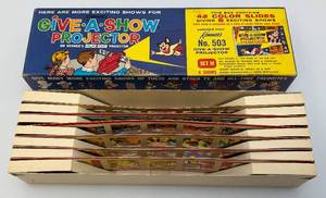 lot 29 image: Vinjtage 1960s Kenners Give A Show Projector Color Slides In Original Box (Complete) Very Nice Condition Including Mighty Mouse, Yogi Bear & More