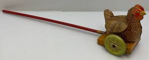 lot 46 image: 1940s-60s Tin Litho HenChicken Mechanical Wing Flapping Chids Push Toy (WORKS) Very Cool