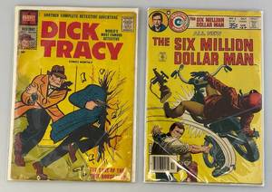 lot 49 image: Vintage 1957 Vol. 1 Number 116 DICK TRACY 10 Cent Comic & 1977 Vol. 2 No. 5 SIX MILLION DOLLAR MAN Comic (Bagged & Carded)
