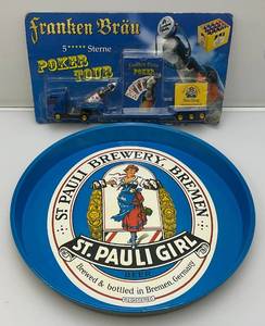 lot 58 image: Vintage St. Pauli Bremen St. Pauli Girl Metal Beer Tray & Franen Brau Miniature Poker Tour Semi (NIP)