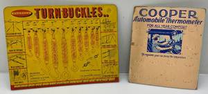lot 88 image: Vintage Androck Turn Buckles Counter Advertisement 12 x 16 & COOPER Automobile Thermometer Advertisement