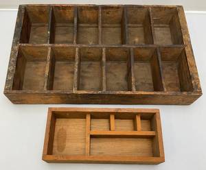 lot 92 image: Two Primitive Wooden Display Shelves 1 11 x 5 1 11 34 x 19 34