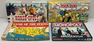 lot 106 image: Misc. Pre-owned Board Games Including The Simpsons Monopoly, Bridgerton Monopoly, Games Of The States & Horse-Opoly