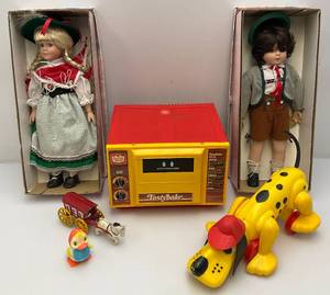 lot 115 image: Misc. Vintage Toys & porcelain Dolls Including Cast Iron Ice Buggy With Horse & More