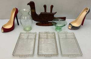 lot 116 image: Misc. Vintage Glassware Including Uranium Vase (Crack In Bottom) High heel Shoe Wine Bottle Holders & More