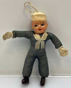 lot 152 image: 1940s  Wartime Celluloid US Navy Sailor DollOrnament 7 12 (Navy Servicemen Would Buy To Send Home To Loved Ones)