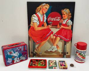 lot 161 image: Misc. Vintage Coa-Cola Collectibles Including Sign, Playing Cards & More