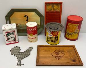 lot 190 image: Misc. Vintage Advertisement Pieces Including Red Dot Popcorn Tin, Pears Soap Washboard & More