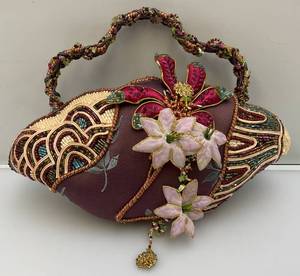 lot 211 image: Vintage Mary Frances Plum Silk And Floral Beaded Art Deco Style Evening Bag