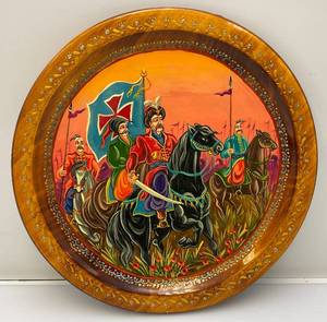 lot 218 image: Vintage Russian Lacquer Hand Painted Wooden Plate With Battle Theme 11 12
