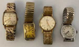 lot 249 image: Vintage 1950s Mens Wrist Watches Some Gold Plated  Including Boliva, Elgin, Longines & Waltham