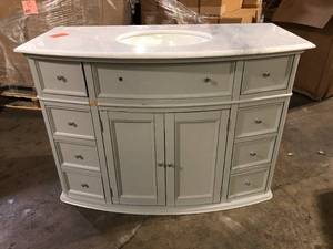 Home Decorators Collection Hampton Harbor 45 in. W x 22 in. D x 35 in. H Single Sink Freestanding Bath Vanity in Gray with White Marble Top Slight Damage Customer Returns See Pictures