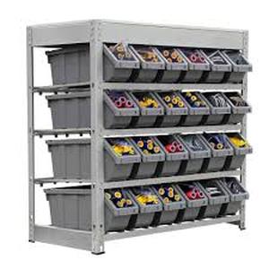lot 16 image: KINGS RACK Gray 4-Tier Botless Bin Storage System Garage Storage Rack (24 Plastic Bins in 4 Tier)  Customer Returns See Pictures